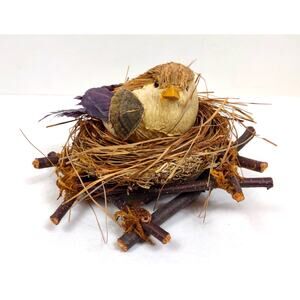 Vintage Handmade Bird on Wooden Twig Straw Nest Figurine Realistic Rustic 6"